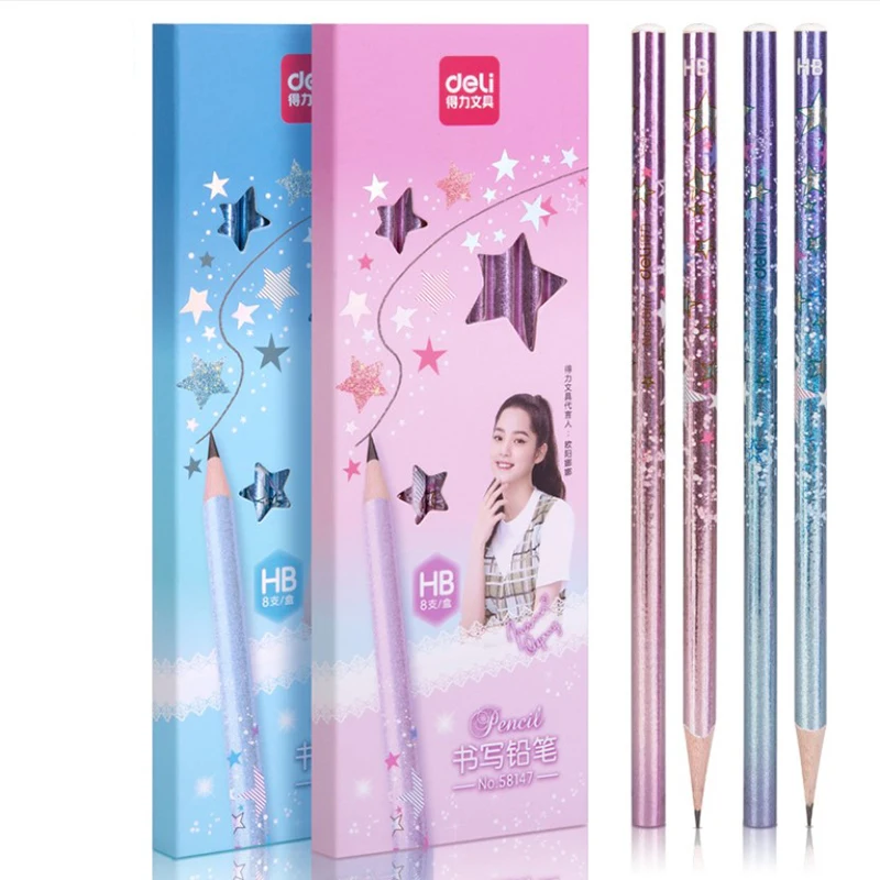 

8 pcs/lot High Quality HB Pencil Cute Glitter Stars Pole Pencils Student Writing Drawing Supply School Stationery Kids Pencil