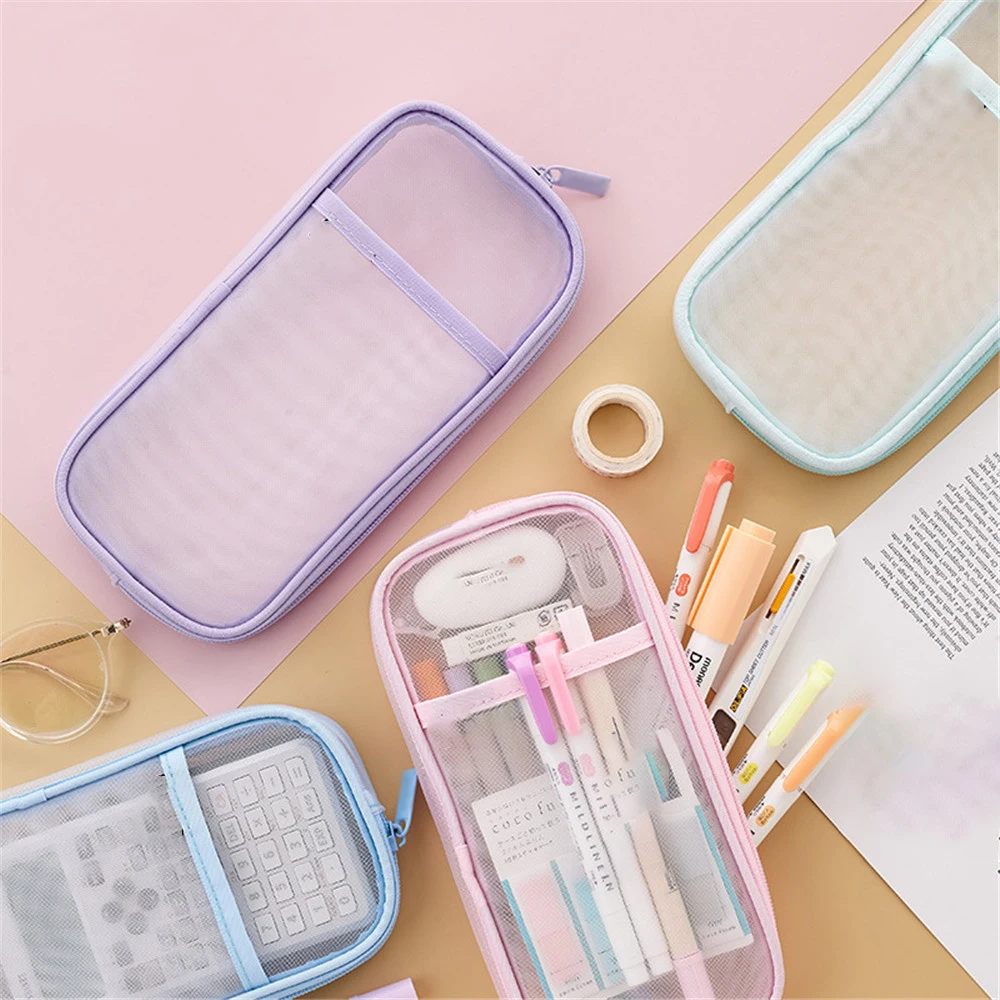 

Transparent Korea Stationery Pencil Case Candy Color Mesh Creative Students Storage Pouch Organizer Stationery Pen Bags