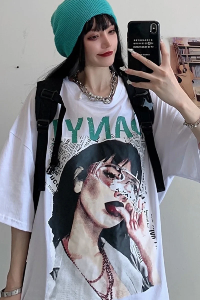 

Man Women T-shirt For Unisex Summer Gothic Punk Harajuku Street Design BF Cartoon Girl Print Loose Short Sleeve Top Fashion