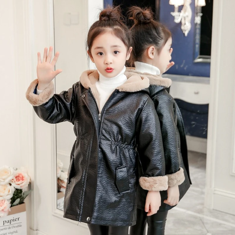 

PU Leather Jackets for Children Winter Fur Coat Girls Faux Rabbit Fur Leather Jackets Warm Kids Outfits 3-12Y TZ501