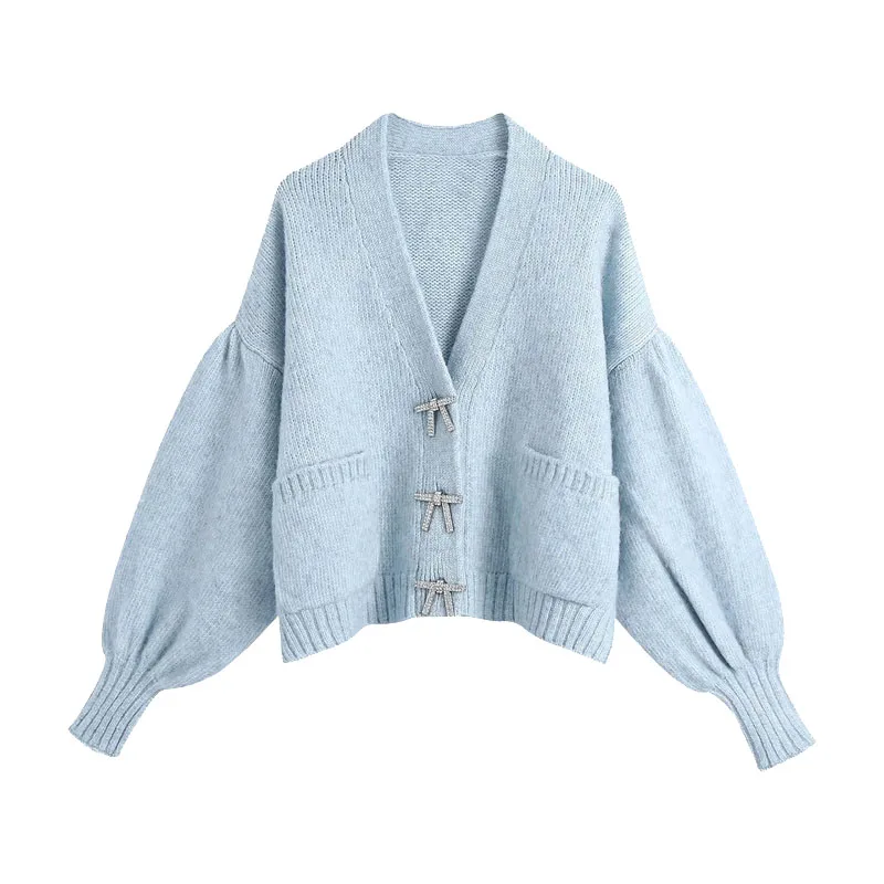 

Women Fashion Rhinestone Buttons Loose Knitted Cardigan Sweater Vintage Long Sleeve Pockets Female Outerwear Chic Tops
