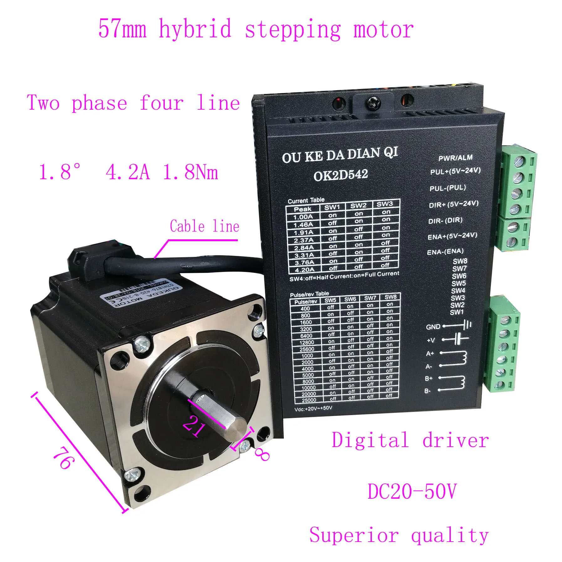 

57 2-phase hybrid stepper motor set DC20-50V digital driver + 57 stepper motor 1.8Nm 4.2A