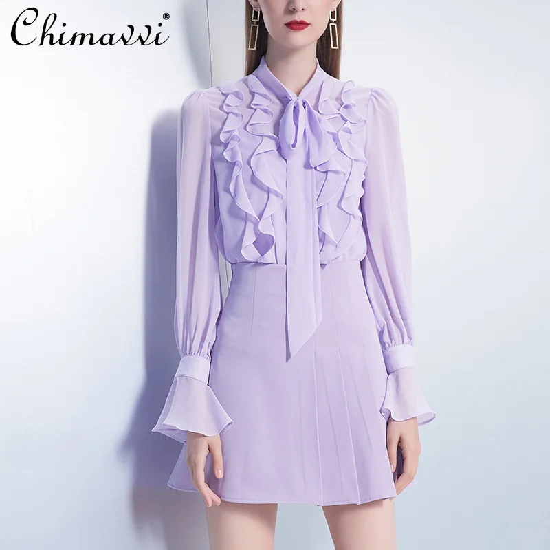 

2021 Autumn New Women's Clothing 2-Piece Purple Long-sleeve Chiffon Shirt Blouse High Waist Skirt European Style Fashion Suit