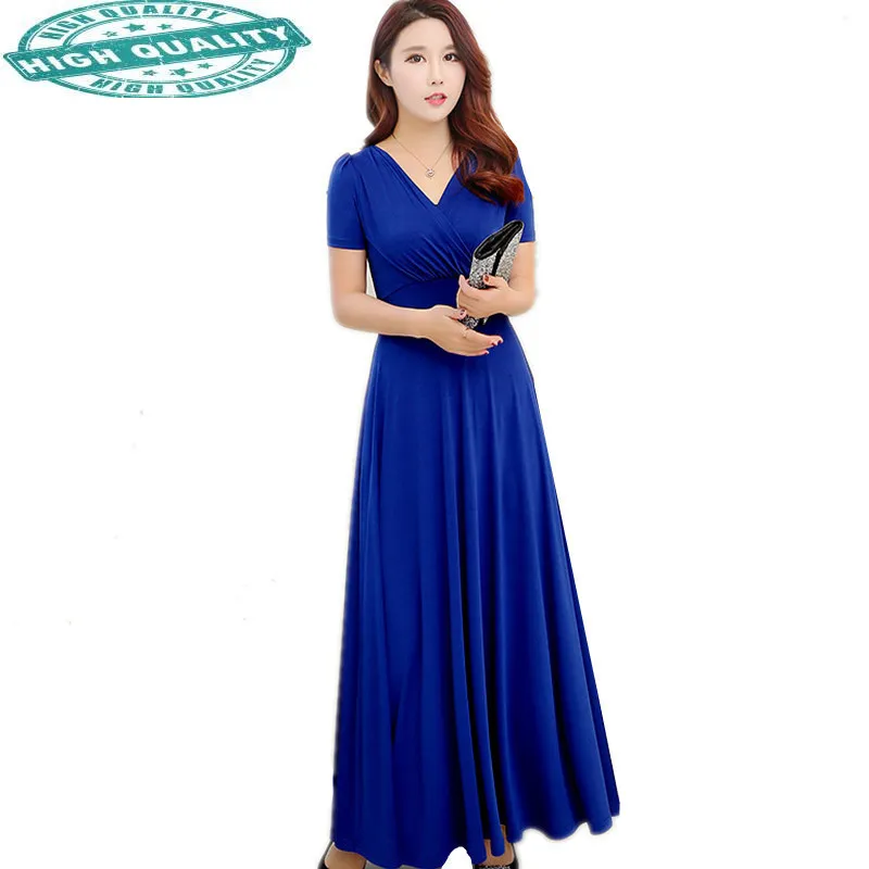 

Slim New V-neck Women Summer Dress Royal Blue Casual Dress Women Maxi Dresses Plus Size Womens Clothing Robe Femme FYY388