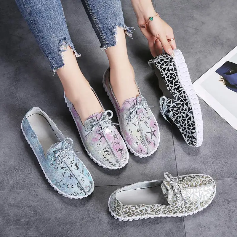 Ladies Spring Flat Loafers Color Matching Women's Shoes Leather Flat Women's Shoes Lace-up Soft Sole Casual Shoes Women's Shoes