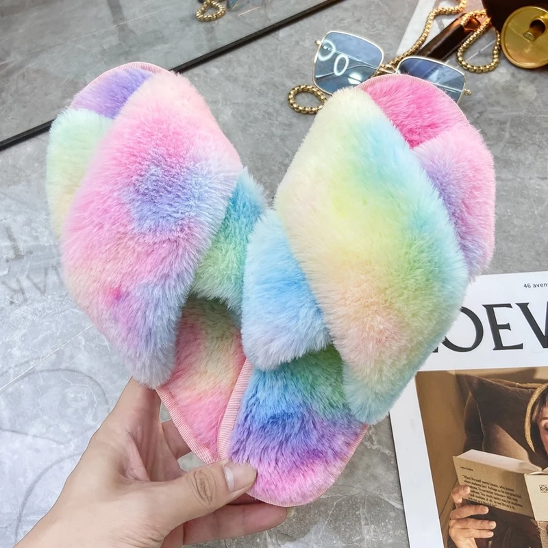 

Women Faux Fur Warm Shoes Winter Fashion Peep Toe Furry Cozy Indoor Slides on Flats Female Casual Soft Solid Color Home Slippers