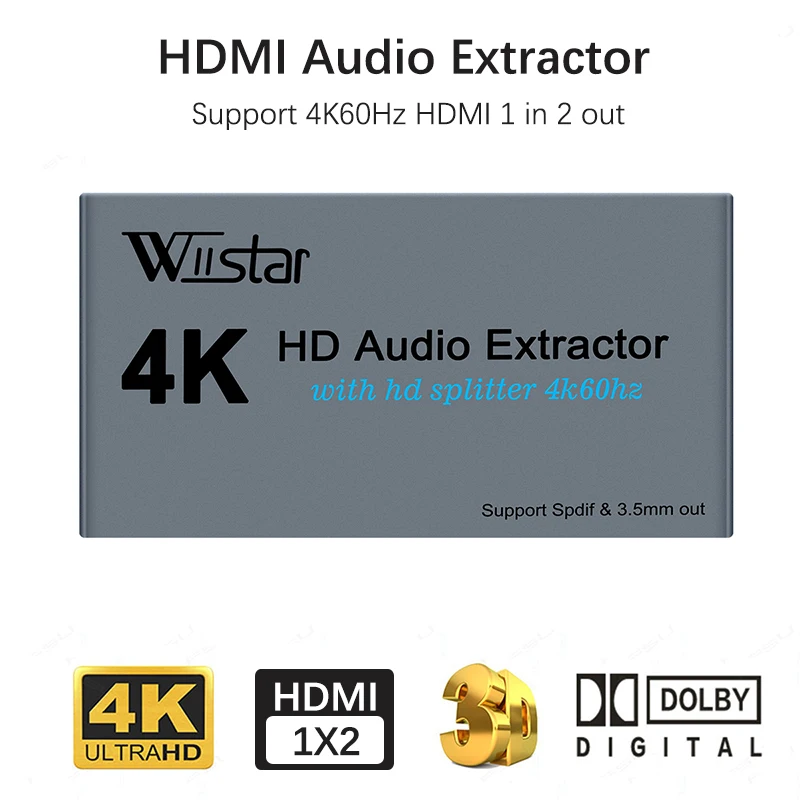 

Wiistar HDMI Audio Extractor Splitter HDMI 1 in 2 out 4K60Hz HDMI to HDMI Optica SPDIF + 3.5mm HDMI Audio Sppliter for Projector
