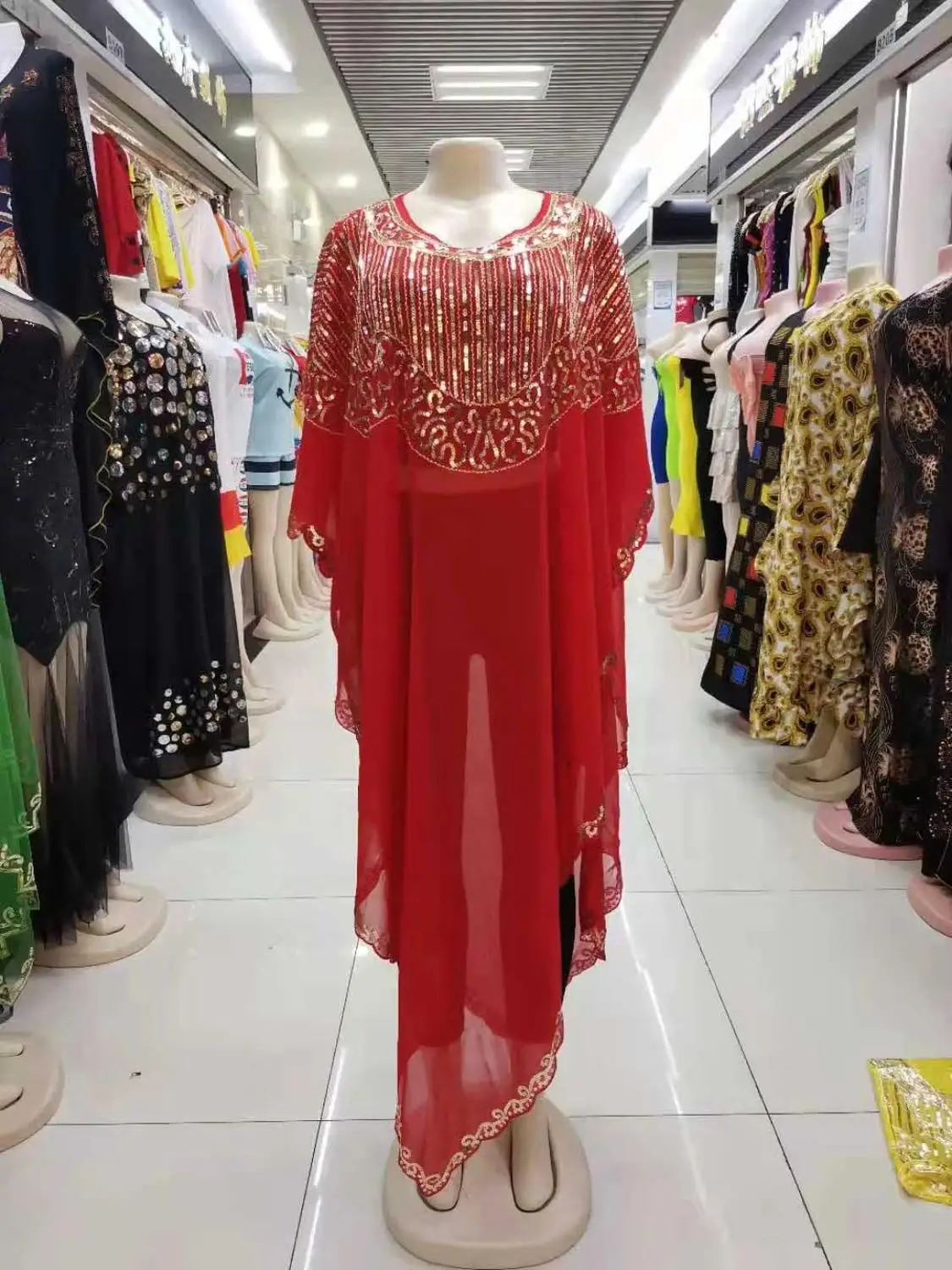 

New Style Classic Design African Women Dance Dashiki Net Cloth Lace Sequins Loose Bat Sleeve Irregular Dress Free Size