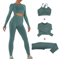women sportswear yoga set seamless leggings long sleeve crop top sports bra gym clothing fitness workout running sports suit