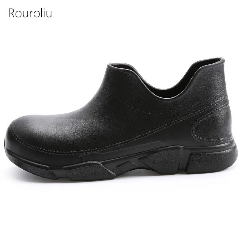 

Rouroliu 2020 Men Non-Slip Work Safety Shoes Waterproof EVA Rain Shoes Flat Heel Oil-Proof Chef Shoes Man