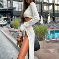 women fashion sweater suit solid white sexy sweater knit long sleeve crop tops side buttons split pleated skirt two piece set