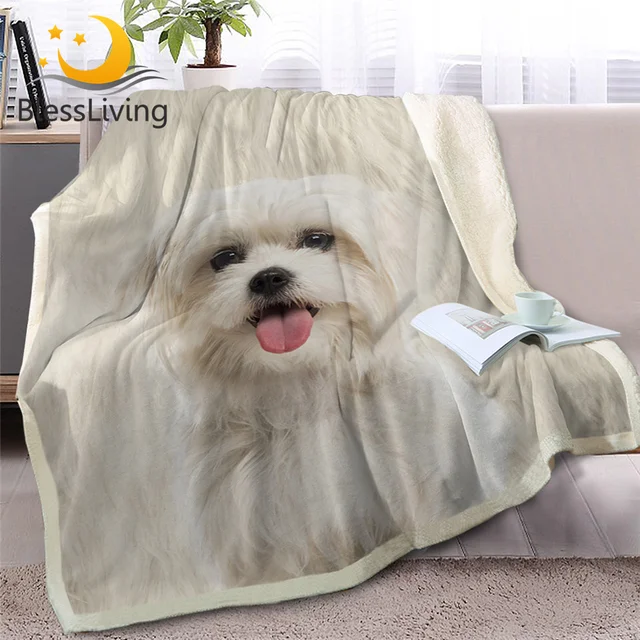 BlessLiving Shih Tzu Throw Blanket for Bed White Dog Fur Print Sherpa Fleece Blanket 3D Animal Bedding Puppy Plush Thin Quilt 1