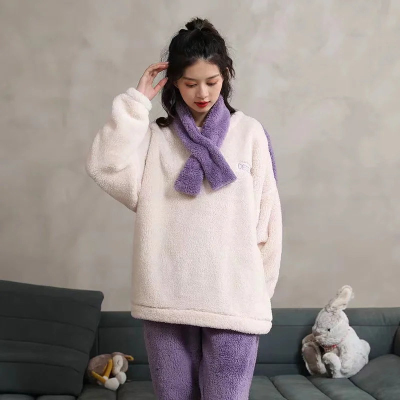 Winter Thick Warm Flannel Pyjamas Set Women's Coral Velvet Long Sleeve Trousers Sleepwear Home Clothing Pajama