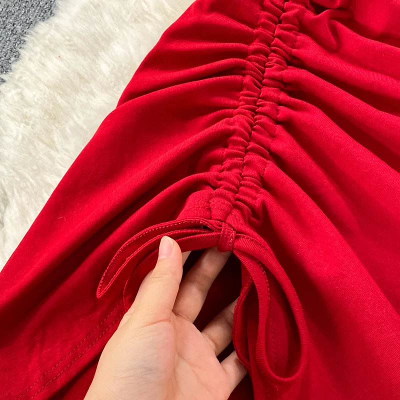 

Summer V-neck Drawstring Ruched Mini Dress Women Fashion V-neck Short-sleeved Slim High Waist Irregular Party Dress Vestidos