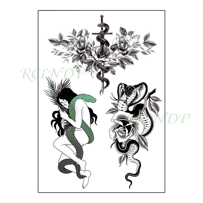 Водостойкая Временная тату-Наклейка сексуальная девушка змея цветок поддельные