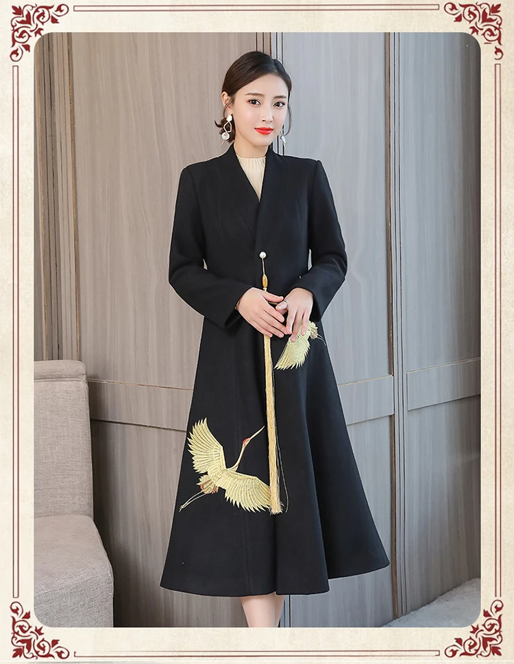 Осенне-зимние женские пальто, модный Тренч, пальто с вышивкой и v-образным вырезом, серое шерстяное пальто, женское длинное пальто, корейские женские топы mujer