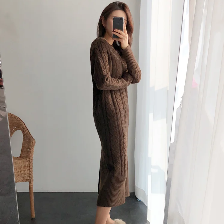 

New 2020 Autumn Winter Women Dresses Knitting Straight dresses Fashionable Prairie Chic Elegant Casual Midi Female w028