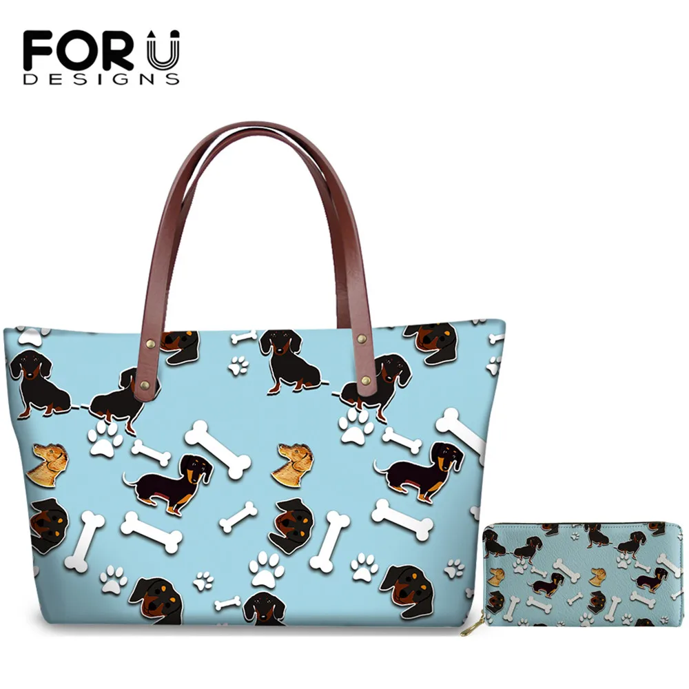 

FORUDESIGNS 2Pcs Dachshund&Bone Pattern Shoulder Bag And Wallet Ladies Large Capacity Handbag Female Soft Top-Handle Bags New
