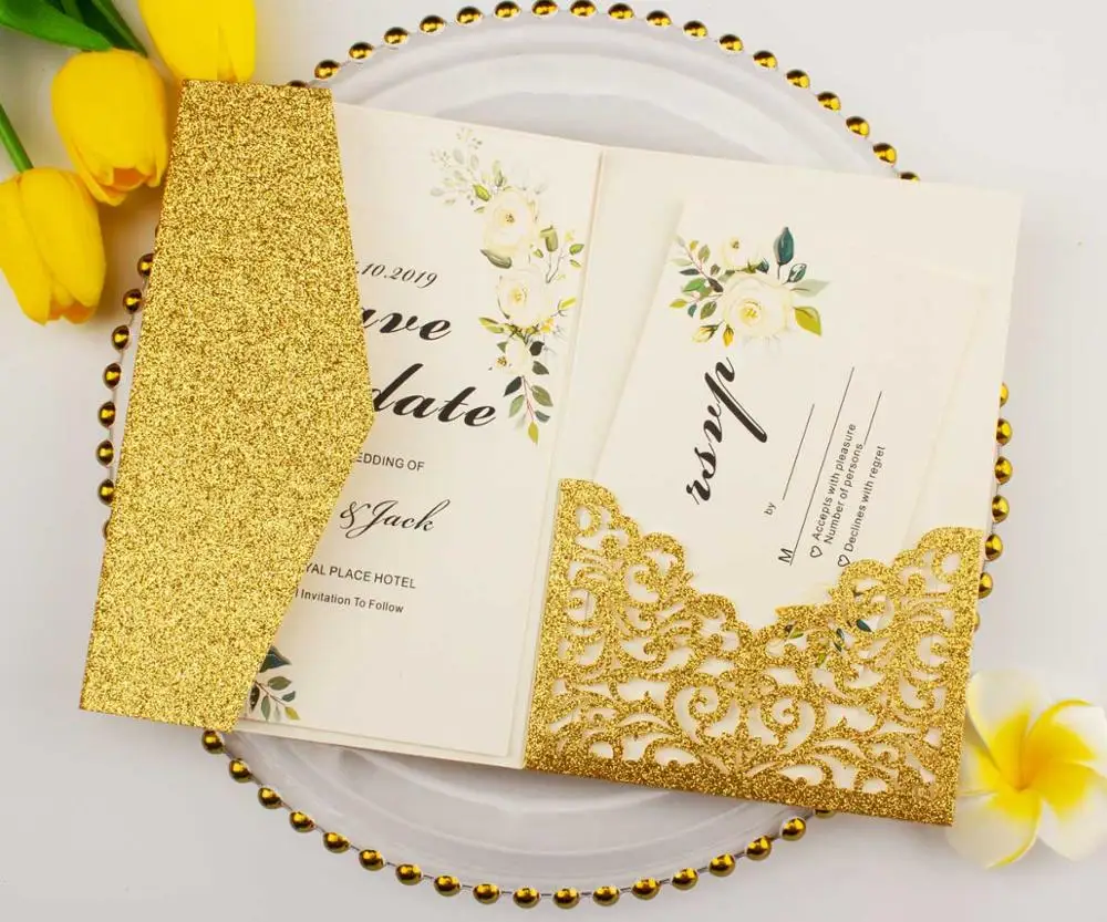 Бесплатная Прямая поставка 50X Золотые/темно синие свадебные приглашения в три