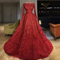 luxury red feather sequins prom dresses scoop neck full sleeves evening gowns ball gown customized robe de soir%c3%a9e de mariage