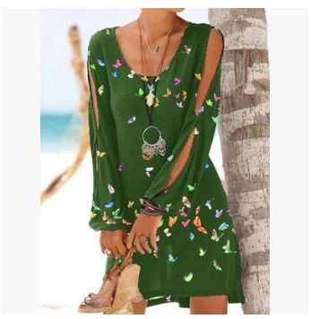 

Summer Fashion Strapless Hollow Long Sleeve Butterfly Print Round Neck Dress Loose Mid-length Skirt Dress Vestidos Size S-3XL