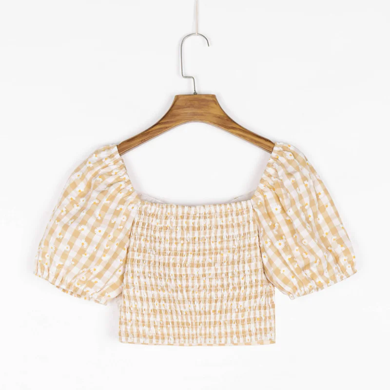 

Summer Women's Casual Plaid Square Collar Short Sleeve Short Shirt