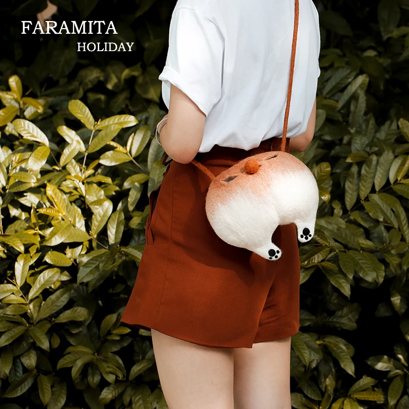 Faramita Holiday Corgi Ass Hairy Women Girls Cute Gradient Handmade Manual Kids Shoulder Bags 100% Wool Felt Bag Packet 2021