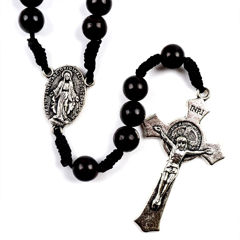

Винтажное деревянное католическое религиозное ожерелье San Benito с черным розам, мужские и женские ювелирные изделия, Молитвенные Четки, подар...