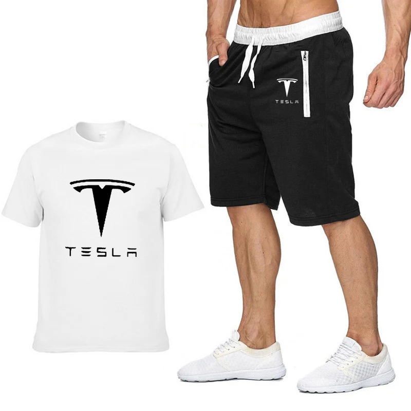

2020 Summer Men's short sleeve Tesla car logo casual Cotton Crew neck Short Sleeve Mens T-Shirt+Pants Suit 2Pcs