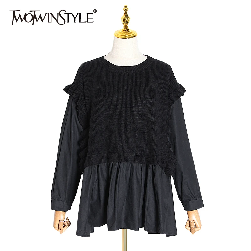 TWOTWINSTYLE Повседневный лоскутный женский свитер с рюшами круглый вырез длинный