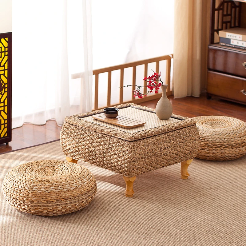 Rattan Japanese style bay window table and stool 3 sets of combination garden tea low balcony straw coffee |