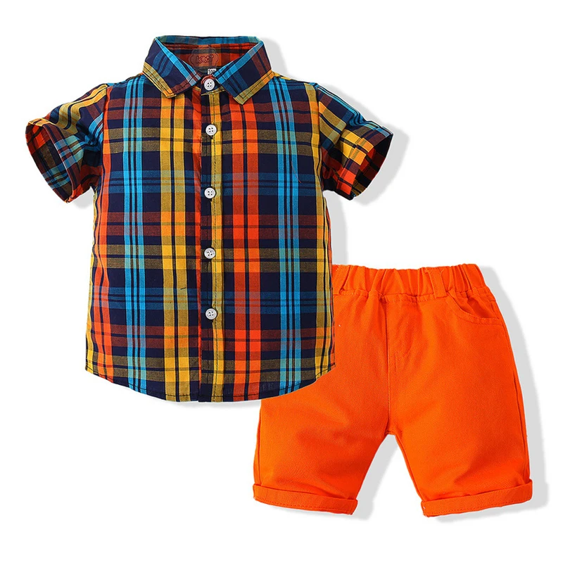 

Kids Boys Clothes Boy Summer Clothing Sets Plaid Short Sleeves Tops Shirt + Shorts Suits 2pcs Casual Children Clothing