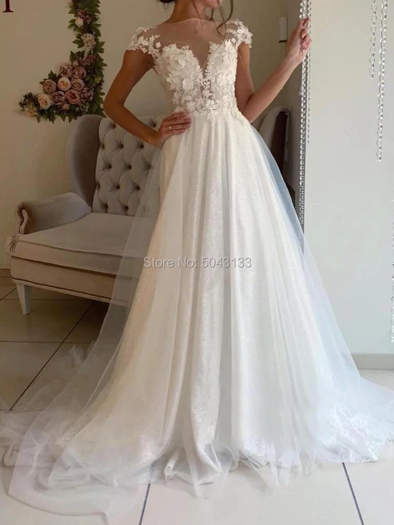 Elegant Lace Appliques A Line Ivory Wedding Dresses with 3D Flowers 2021 Jewel Neckline Cap Sleeves Sparkly Tulle Bridal Gowns | Свадьбы и