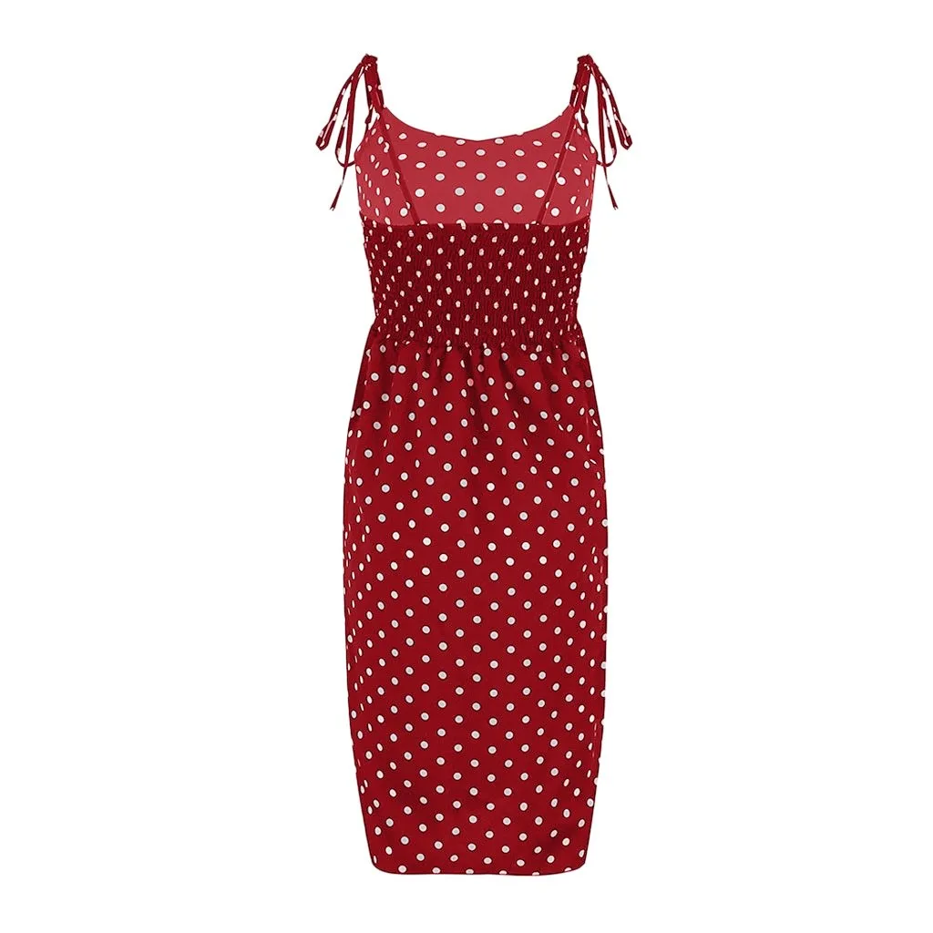 

Summer Women's Dress Chiffon Bohemian V Neck Sleeveless Backless Elasticity Polka Dot Bowknot Spaghetti Strap Knee-length Dress