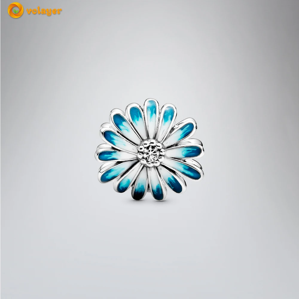 Volayer серебряные бусины 925 пробы синий Дейзи цветок очаровательные подходят к