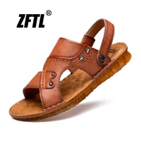 zftl mens sandals summer new style genuine leather casual beach toe top layer cowhide fashion slippers soft tendon sole shoes