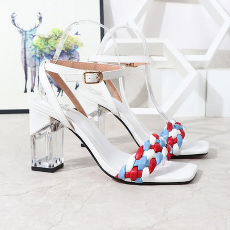 

Beautiful Women Shoes 2021 Summer New Fashion Word Buckle Thick Heel Sandals Crystal High Heel Women's Shoes