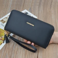 fashion solid color women pu leather wallets long zipper tassel coin purses female wristband credit card holder clutch bag