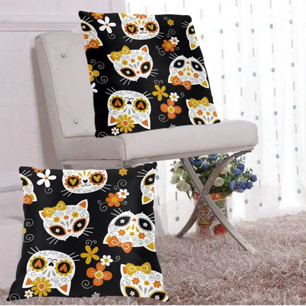 

Cute Cat Sugar Skulls And Flowers Pillow Case Polyester Throw Pillow Case Decorative Pillowcases Cover