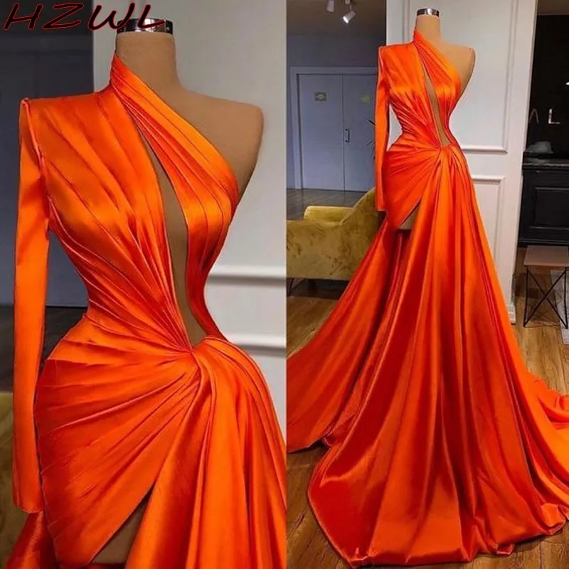 

Orange Fall Winter Mermaid Evening Dresses Split Tie Pleats Full Sleeves Prom Dreess One Shoulder Gowns abiti da cerimonia
