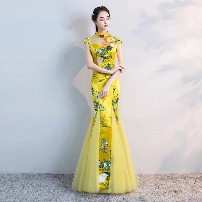 Женская одежда в китайском стиле свадебное длинное желтое платье Ципао ретро