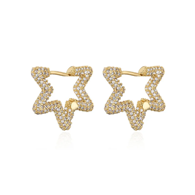 Женские серьги-кольца с фианитами золотистые серьги закрепкой в форме звезды