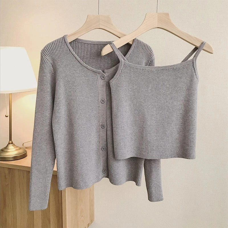 

Knitted Cardigan Jacket Women Korean Fashion Basic Vest+long Sleeve Top Solid 2 Piece Set Sweater Oversize