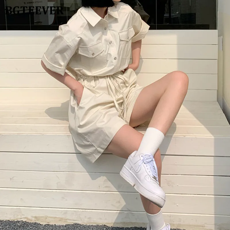 

BGTEEVER Stylish Chic Short Sleeve Single-breasted Women Rompers Summer Slim Waist Lace-up Female Wide Leg Playsuits Overalls