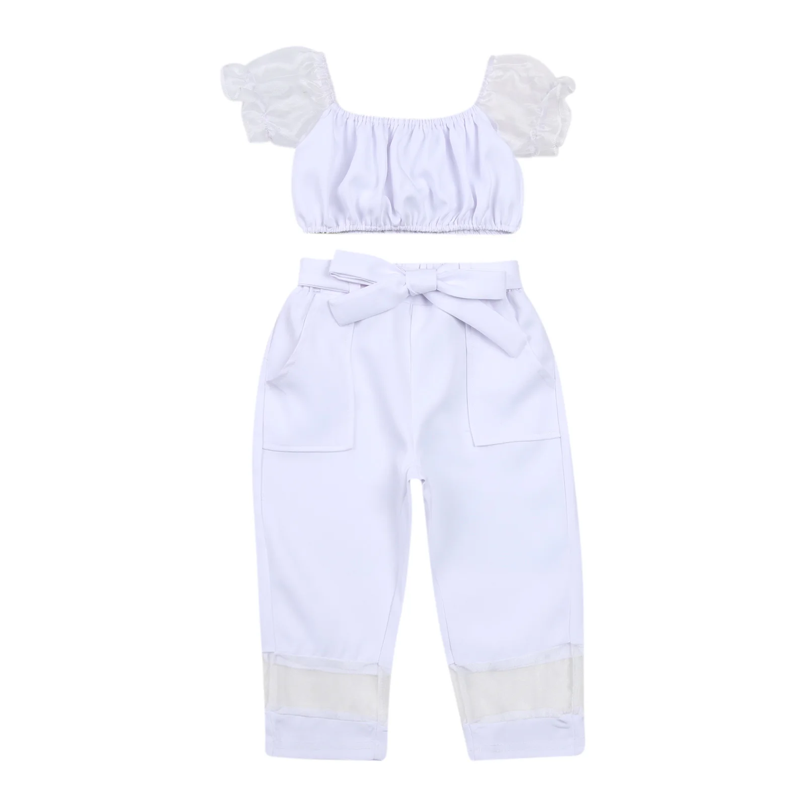 

Укороченный топ с коротким рукавом и квадратным вырезом с буфами для маленьких девочек + длинные брюки с карманами и поясом