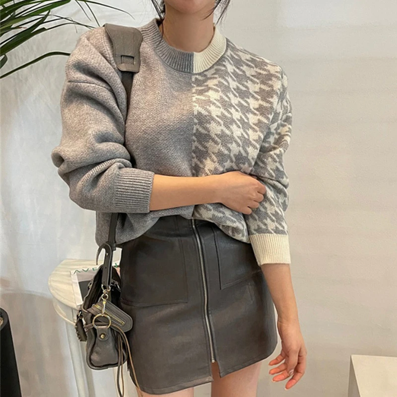 

Новинка 2021, женские осенне-зимние свитера, вязаные теплые клетчатые толстые модные пуловеры в стиле пэчворк в винтажном стиле, свитеры, топы