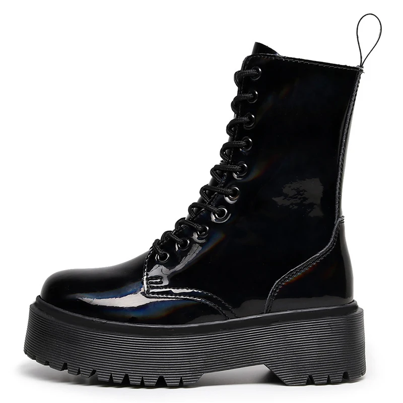 Модные черные ботинки из лакированной кожи в готическом стиле с 10 отверстиями