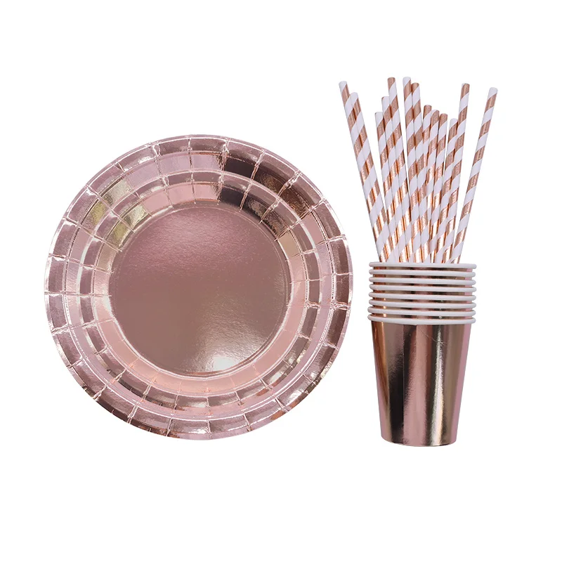 Набор одноразовой посуды из розового золота чашка полосатая соломенная салфетка