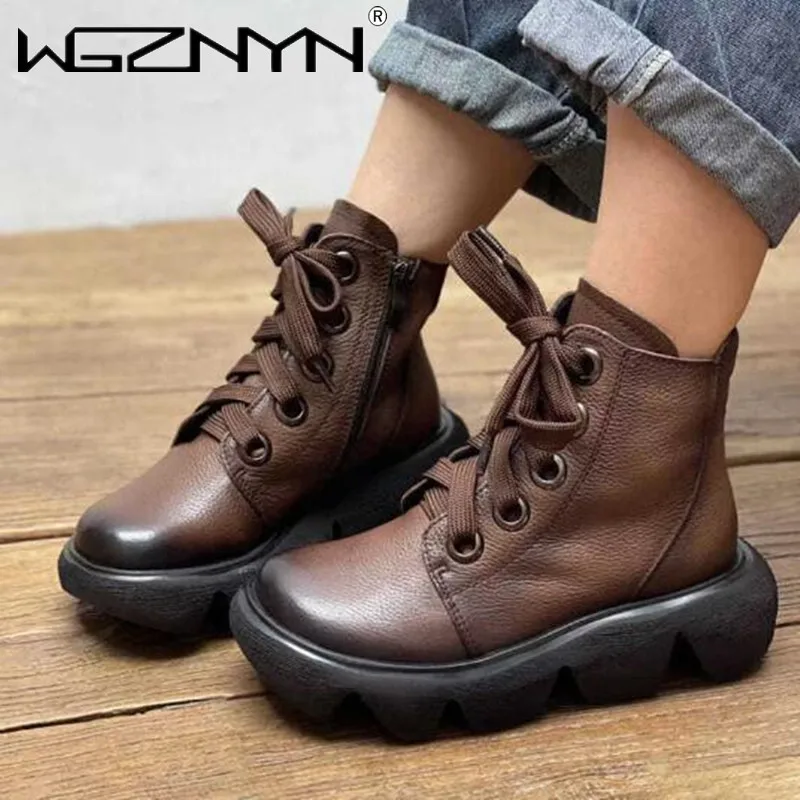 

Autumn Winter Boots Women Retro Shoes Genuine Leather 2021 New Round Toe Lace-Up Leisure Handmade Concise Sewing Ladies Boots