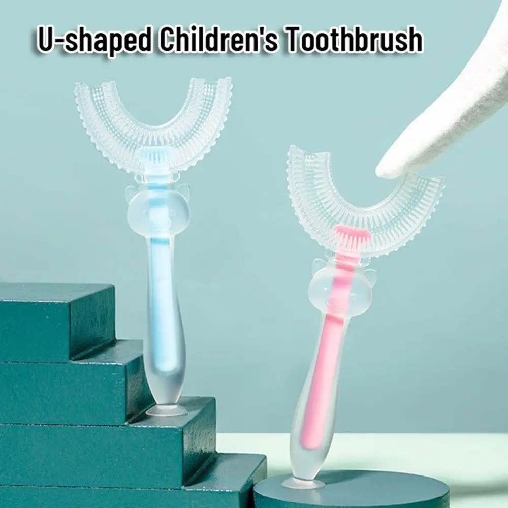 2-12 a&ntilde;os de edad beb&eacute; U-en forma de cepillo de dientes de dedo de silicona los dientes de los ni&ntilde;os Simple cepillo infantil cuidado y limpieza conveniente cepillo de dientes Oral-3